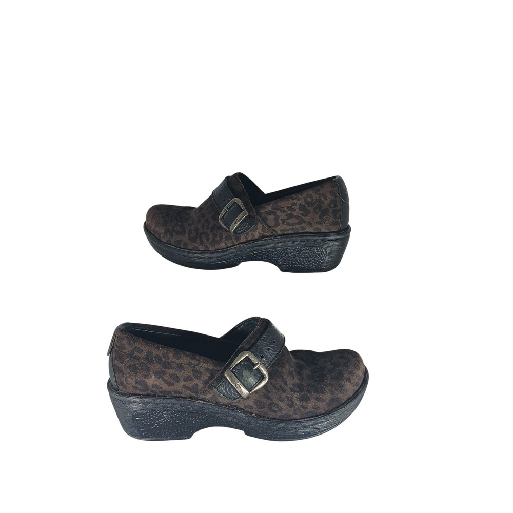 Born Leopard Print Clogs Size 8 Brown Black Leather Buckle Wedge Mules MHG2